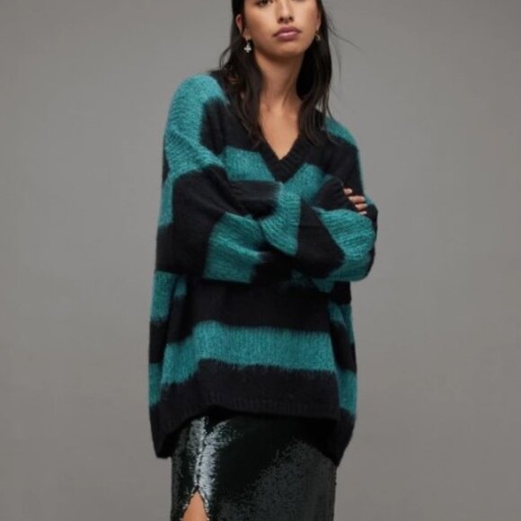 NEW AllSaints Lou Sparkle V neck knitted sweater with stripes - Picture 2 of 5
